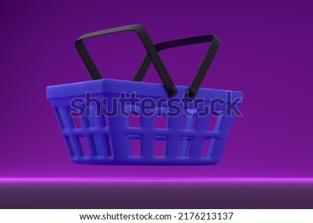 Blue grocery basket on a purple background. Shopping concept. 3D render.