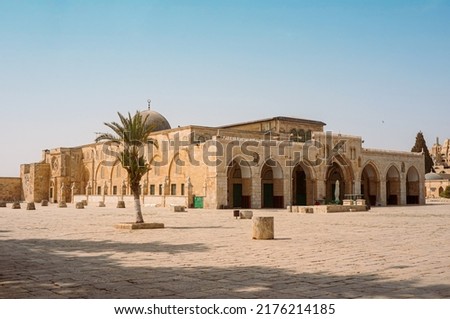 Al-Aqsa Mosque in the old city of Jerusalem, Israel. Al-Aqsa Mosque in the top of the Temple Mount,  sacred place for Muslims and Islamic people. Also known as Haram al-Sharif. Royalty-Free Stock Photo #2176214185
