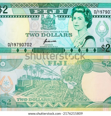 Elizabeth II, Portrait from Fiji 2 Dollars 1993 Banknotes. 