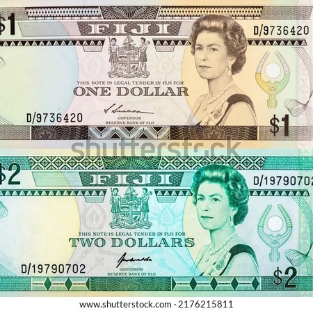 Elizabeth II, Portrait from Fiji 1 and 2 Dollars 1993 Banknotes. 
