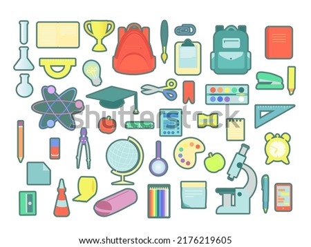big set of school supplies, backpack, color isolated illustration, vector