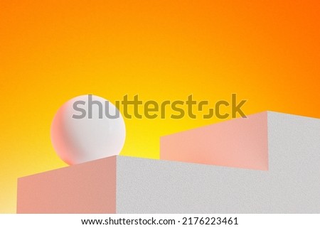 Minimal abstract scene with podium, air flying geometric bubble shapes on orange background. 3d rendering geometric shape, stage for awards on website in modern Royalty-Free Stock Photo #2176223461