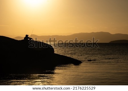 Silhouette of man on rock looking out to sea during sunset, backlit.