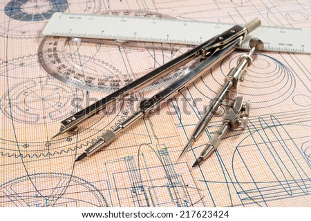 drawing, protractor, ruler, calculator and compasses,  selective focus