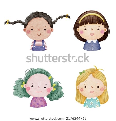 Set of watercolor little girl faces, avatars, kid heads different nationality set 1.  Royalty-Free Stock Photo #2176244763
