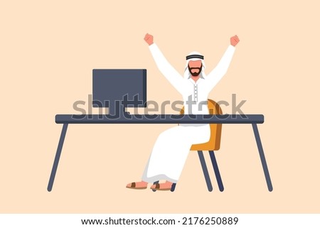 Business flat cartoon style drawing happy Arabian businessman sitting with raised hands near desk with computer. Office worker celebrate success of company project. Graphic design vector illustration