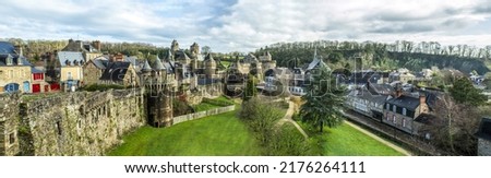 Panorama of the old fairytale town in Europe. Medieval town in Europe. Panoramic landscape of fairy town. Medieval fairy town panorama Royalty-Free Stock Photo #2176264111