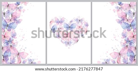 Triptych of frames and hearts with delicate, purple and pink butterflies. Watercolor illustration. For posters, postcards, certificates, invitations, announcements, beauty salon, wedding, birthday