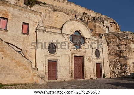 Matera, Basilicata, Italy: the medieval rock church San Pietro Barisano carved into the tuff, in the old town of the ancient Italian city

 Royalty-Free Stock Photo #2176295569