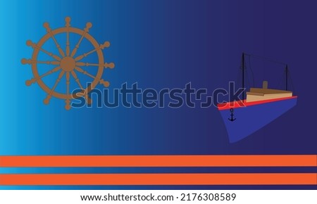 fishing boat on blue background and the steering wheel and 2 orange stripes