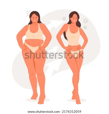Young woman before and after weight loss. Fat and slim girl. Overweight and sporty female body. Vector illustration isolated on white background. Royalty-Free Stock Photo #2176312059