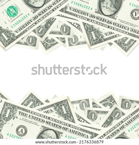 Frame of 1 dollars banknotes, many identical money notes in a mess