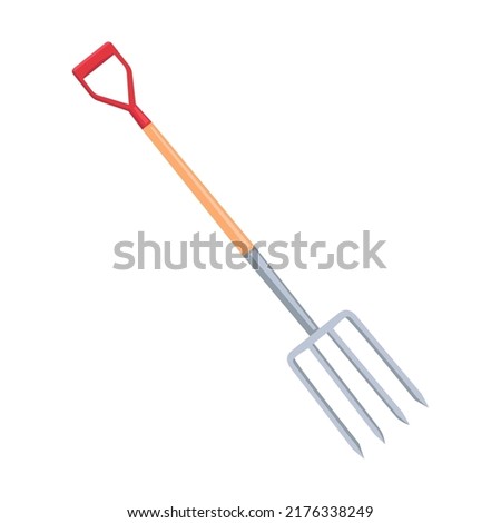 Garden forks. Garden tools illustrations in cartoon style. Bright gardening equipment, rake or shovel and lawnmower, farm or rural instrument on white