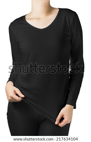 woman body in a black long sleeves t-shirt isolated on white background. 
