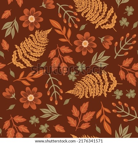 Seamless pattern with autumn leaves, berriesand flowers. Vector graphics.