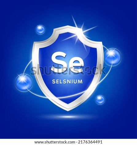 Minerals selenium Se shield with blue atom and vitamins complex. Protect the body stay healthy. For nutrition products food. Medical scientific concepts. Vector illustration. Royalty-Free Stock Photo #2176364491