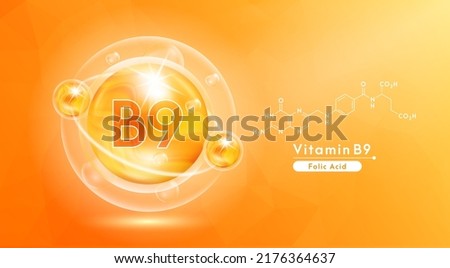 Vitamin B9 orange and structure. Pill vitamins complex and bubble collagen serum chemical formula. Beauty treatment nutrition skin care design. Medical and scientific concepts. 3D Vector EPS10. Royalty-Free Stock Photo #2176364637