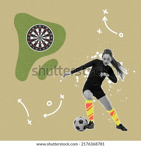 Dribbling the ball. Female soccer player playing football over light background with drawings, sketches. Sport, achievements, media, betting, news, ad and technology. Creative artwork