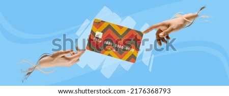 Contemporary art collage. Modern colorful design with human hands reaching credit card isolated on blue background. Concept of economy, banking, money, payment, shopping, finance. Copy space for ad
