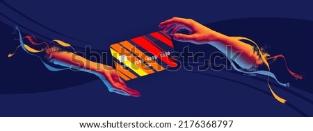 Contemporary art collage. Modern colorful design with credit card on human hand isolated on dark blue background. Concept of economy, banking, money, payment, shopping, finance. Copy space for ad