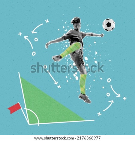 Contemporary art collage. Professional male soccer football player kicking the ball over light background with drawings. Sport, achievements, media, betting, news, ad and technology