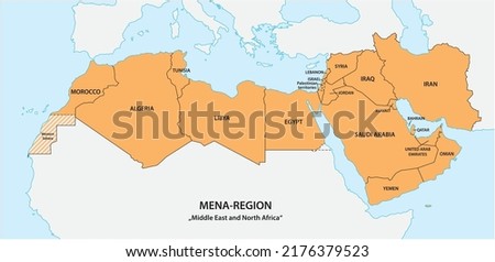 Map of the Mena Region, Middle East and North Africa Royalty-Free Stock Photo #2176379523