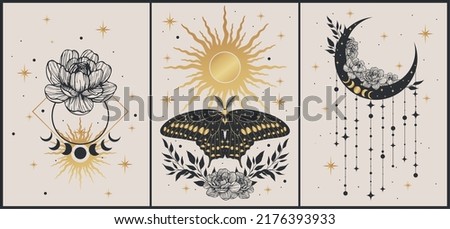 Set of esoteric alchemy mystical magic posters. Crescent, sun, stars, floral elements, moth. Spiritual talisman, occultism objects. Boho illustration, golden colors Royalty-Free Stock Photo #2176393933