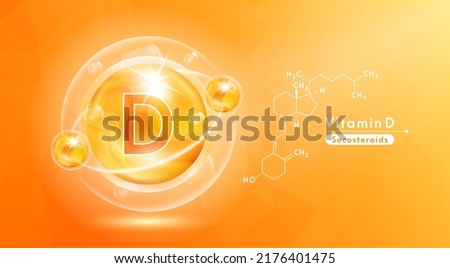 Vitamin D orange and structure. Pill vitamins complex and bubble collagen serum chemical formula. Beauty treatment nutrition skin care design. Medical and scientific concepts. 3D Vector EPS10. Royalty-Free Stock Photo #2176401475