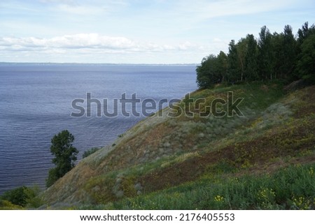 Picturesque Summer landscape with tree and herbs on the Volga River coast. Ulyanovsk.