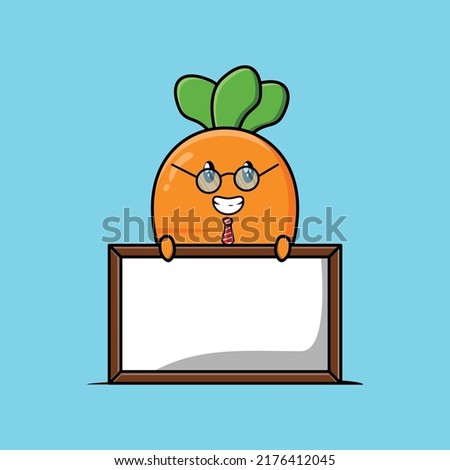 Cute cartoon carrot teacher character with big whiteboard in flat cartoon style concept