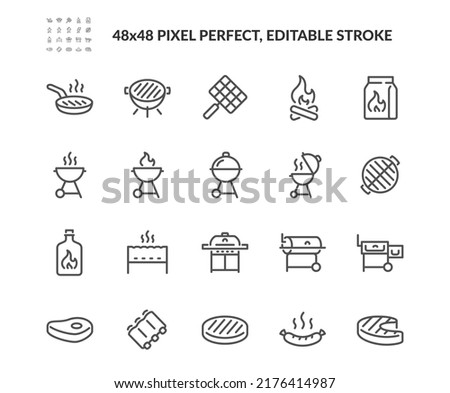 Simple Set of Grill Related Vector Line Icons. Contains such Icons as Meat, Charcoal, Bonfire and more. Editable Stroke. 48x48 Pixel Perfect.
