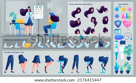 Stylized Character, Female ophthalmologist is receiving a patient. Set for Animation. Use Separate Body Parts to Create An Animated Character. Set of Emotions, Hairstyles, Hands and Feet.