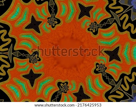 A hand drawing pattern made of yellow gold orange green and blue on a black background