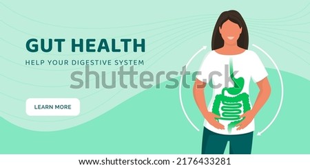 Happy woman with healthy clean gut, detox and digestive health banner Royalty-Free Stock Photo #2176433281