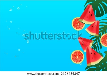 Watermelon, orange and tropical leaves background. Summer bright  green frame for poster, flyer,  card, web banner design. Water and fruits pattern.
