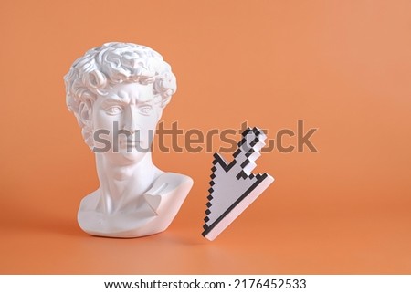 Sculpture head and bust of Michelangelo's David along with modern internet and web technologies pixel pointer mouse cursor. Minimal vaporwave pop concept. Royalty-Free Stock Photo #2176452533