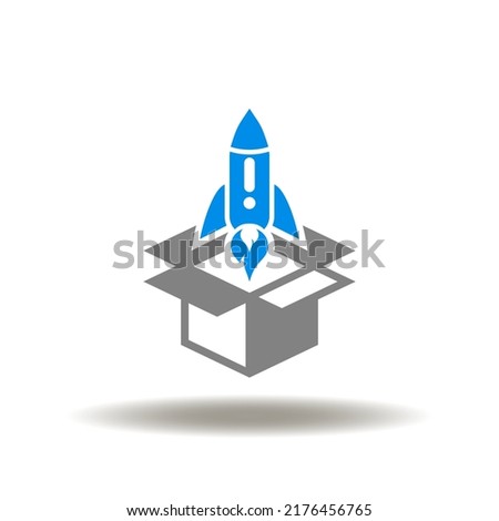 Vector illustration of open cardboard or packaging with start rocket. Icon of startup. Symbol of MVP Minimum Viable Product. Royalty-Free Stock Photo #2176456765