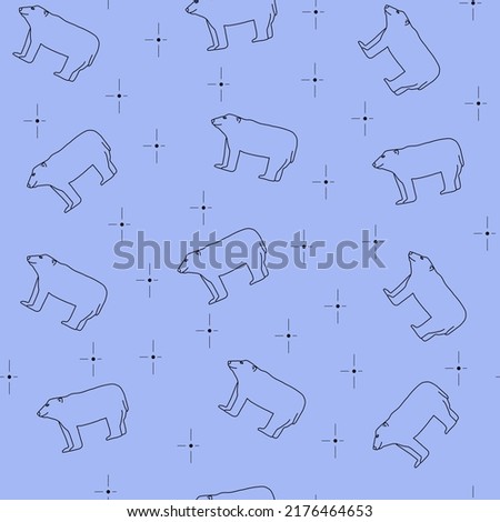 Minimalistic polar bear with stars seamless pattern on violet background. Contour vector line art, outline. For kids, for textile, fabric, wallpaper and paper.
