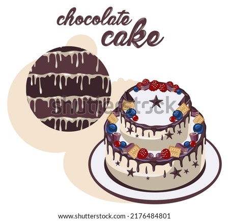 Сhocolate cake with a filling image. Composition, sweet design.