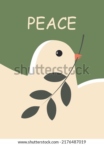 International Day of Peace. White dove on a green vertical poster. Peace to Ukraine. Vector.