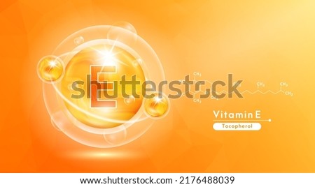 Vitamin E orange and structure. Pill vitamins complex and bubble collagen serum chemical formula. Beauty treatment nutrition skin care design. Medical and scientific concepts. 3D Vector EPS10. Royalty-Free Stock Photo #2176488039