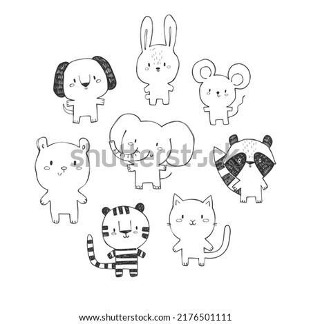 Hand-drawn childish set of different animal. Elephant, rabbit, mouse, raccoon, cat, tiger, bear and dog. Vector illustration in doodle style, outline art. For coloring book and print for clothes.