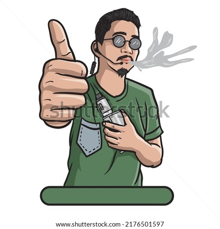 vector illustration of a young man with a beard holding and smoking his e-cigarette blowing out a diffuse stream of smoke, holding up a thumbs up. dark green, white background