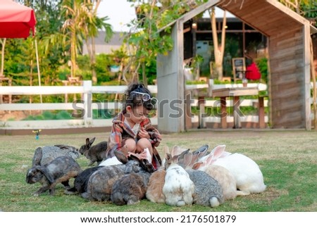 asian little child girl having fun to feed and play with rabbit in the farm