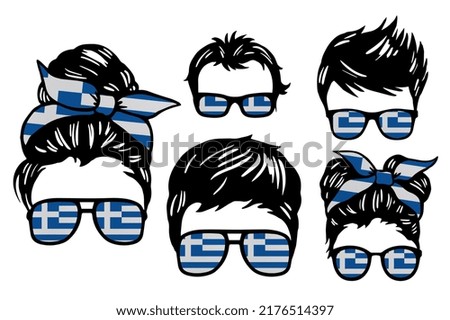 Family clip art set in colors of national flag on white background. Greece