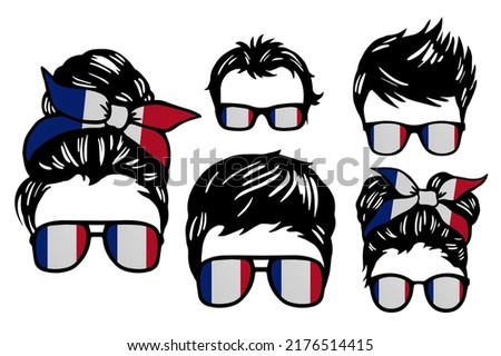 Family clip art set in colors of national flag on white background. France