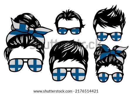 Family clip art set in colors of national flag on white background. Finland
