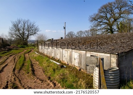 old derelict and unused Devon pig farm with muddy fields, leafless trees and hedges and a blue winter sky Royalty-Free Stock Photo #2176520557