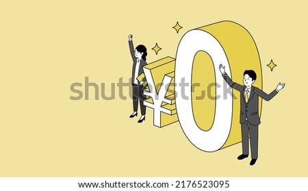 Businessman with type"zero japanese yen", rejoicing,vector illustration,copy space