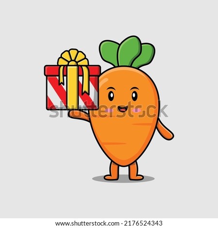 Cute cartoon carrot character holding gift box in vector icon illustration